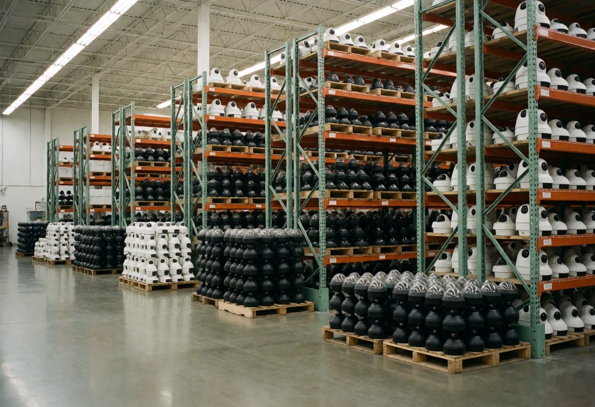 Industrial warehouse with high shelves and pallets holding black and white security cameras under fluorescent lighting on polished concrete floor