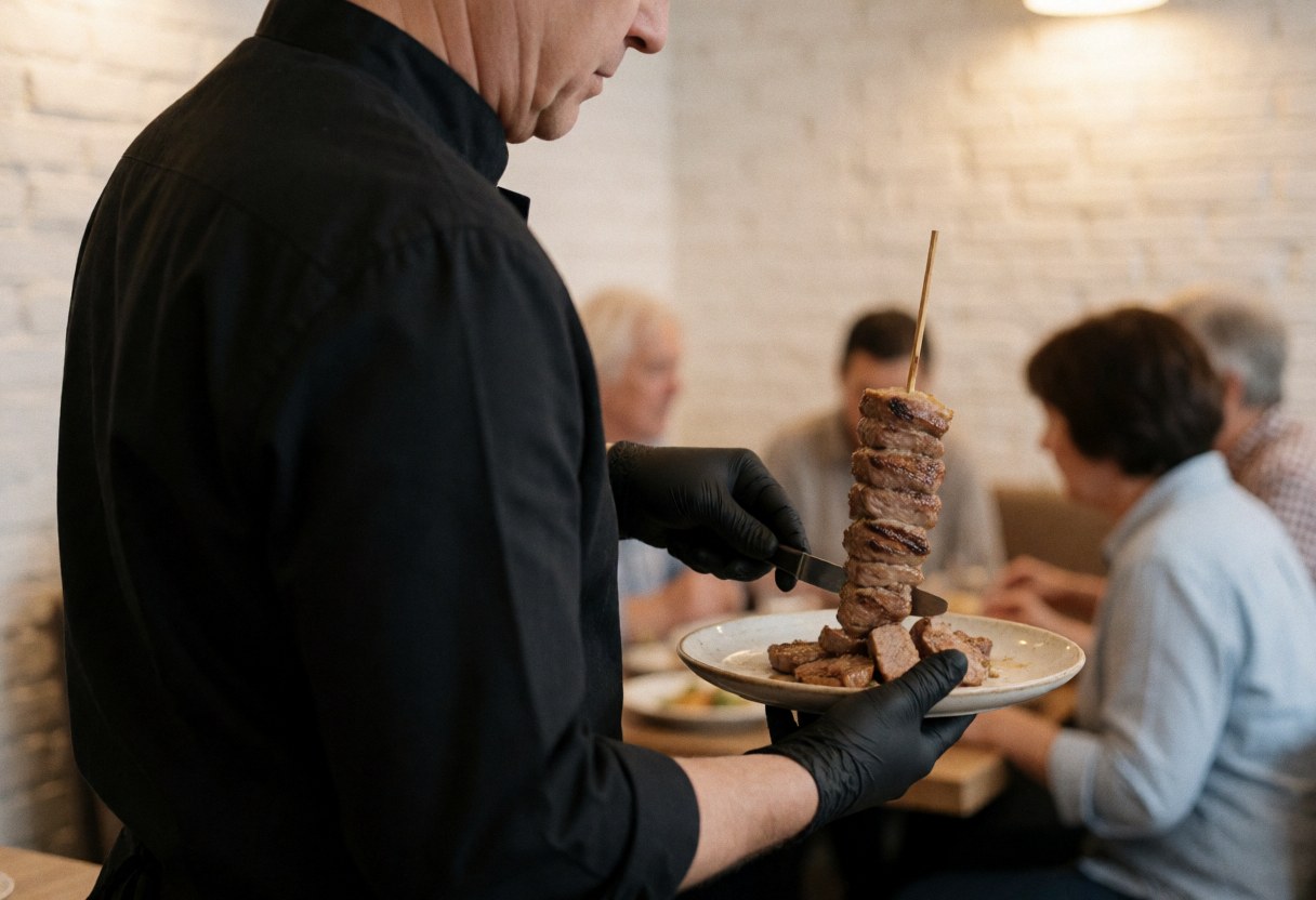 A server wearing black gloves cuts grilled meat on a plate in a restaurant with white brick walls and seated customers in the background.