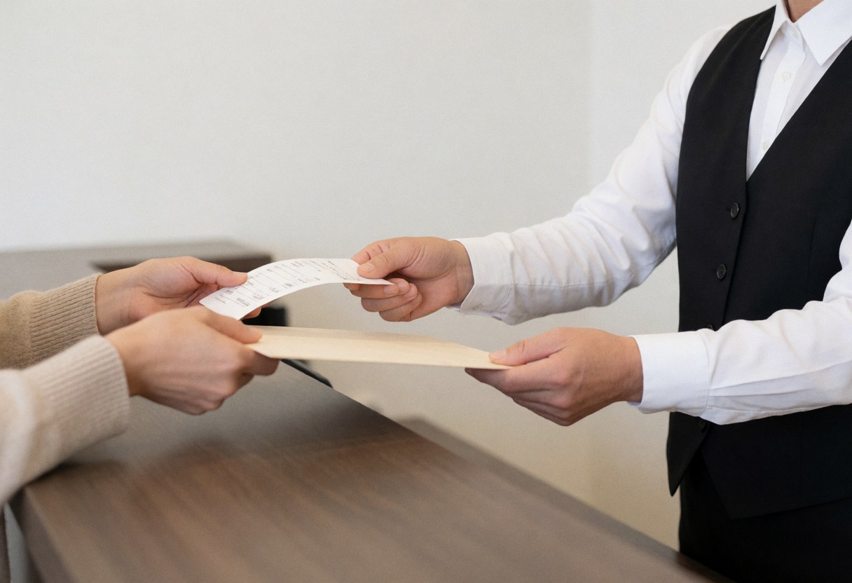 Close-up of hands exchanging a receipt at a hotel front desk with a blurred background