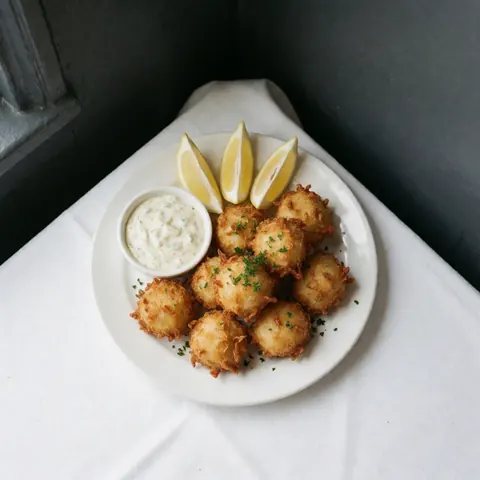 White plate holding crispy fried clams, lemon wedges, and tartar sauce on a white napkin against a gray wall corner