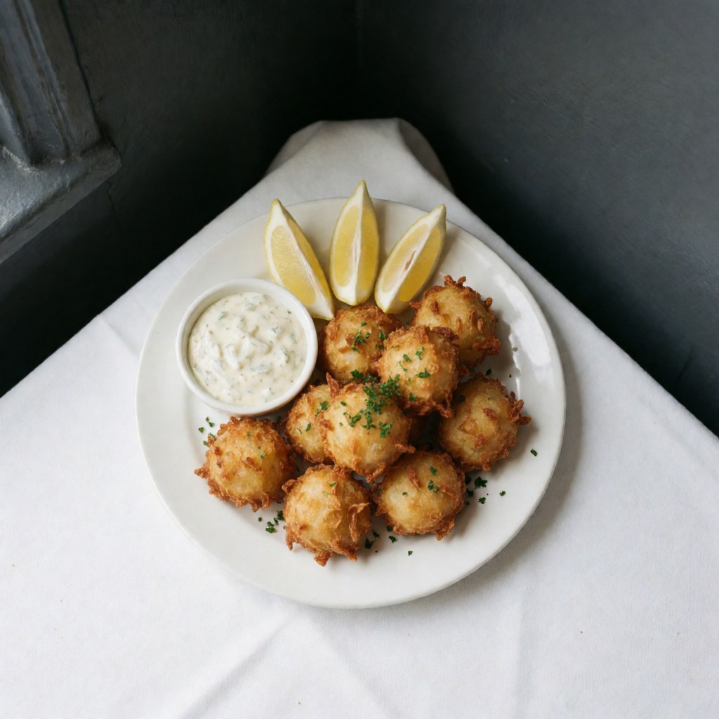 White plate holding crispy fried clams, lemon wedges, and tartar sauce on a white napkin against a gray wall corner