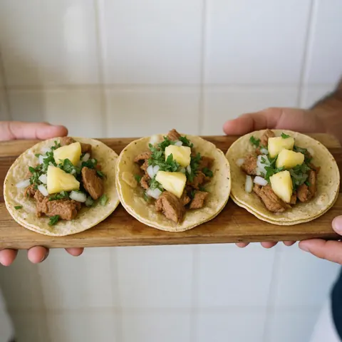 Three pork and pineapple tacos with onion and cilantro on a wooden board held by hands against white tile background