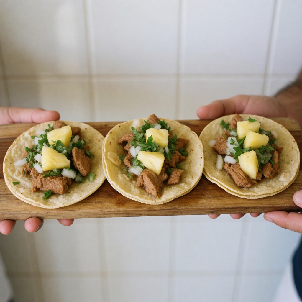Three pork and pineapple tacos with onion and cilantro on a wooden board held by hands against white tile background