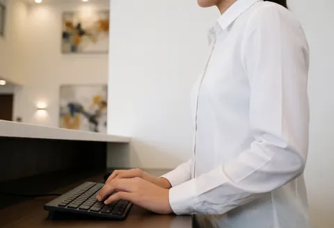 Receptionist hands typing on a keyboard at a modern hotel front desk with white walls and artwork in the background