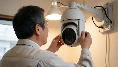 Technician adjusting a wall-mounted PTZ security camera with warm lighting, focusing on tools and professional installation work.