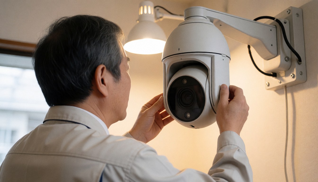 Technician adjusting a wall-mounted PTZ security camera with warm lighting, focusing on tools and professional installation work.