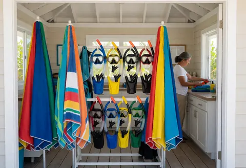 Colorful towels and snorkel equipment arranged on a rental rack at a beach stand with a person working in the background under natural light