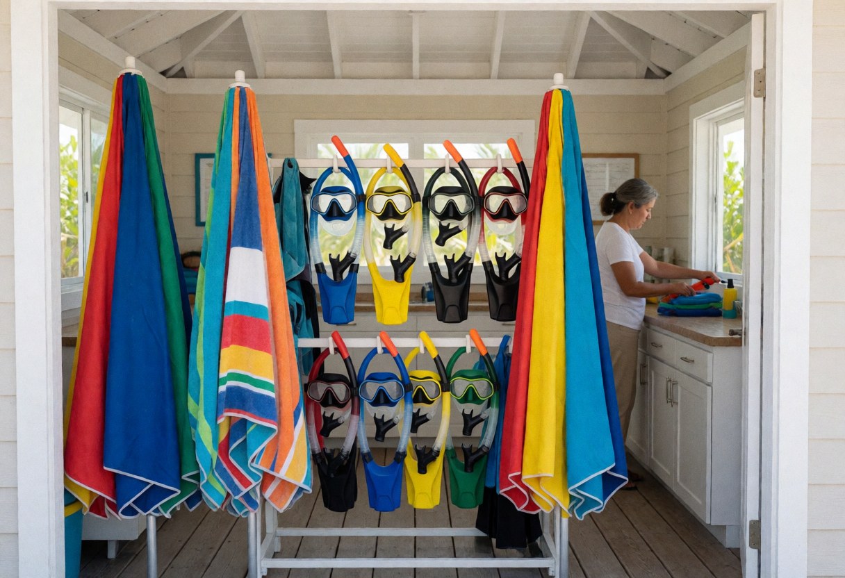 Colorful towels and snorkel equipment arranged on a rental rack at a beach stand with a person working in the background under natural light