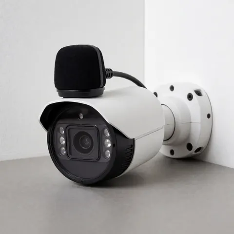 HD security camera with built-in microphone mounted on a white wall, professional lighting, neutral background, ideal for business security products.