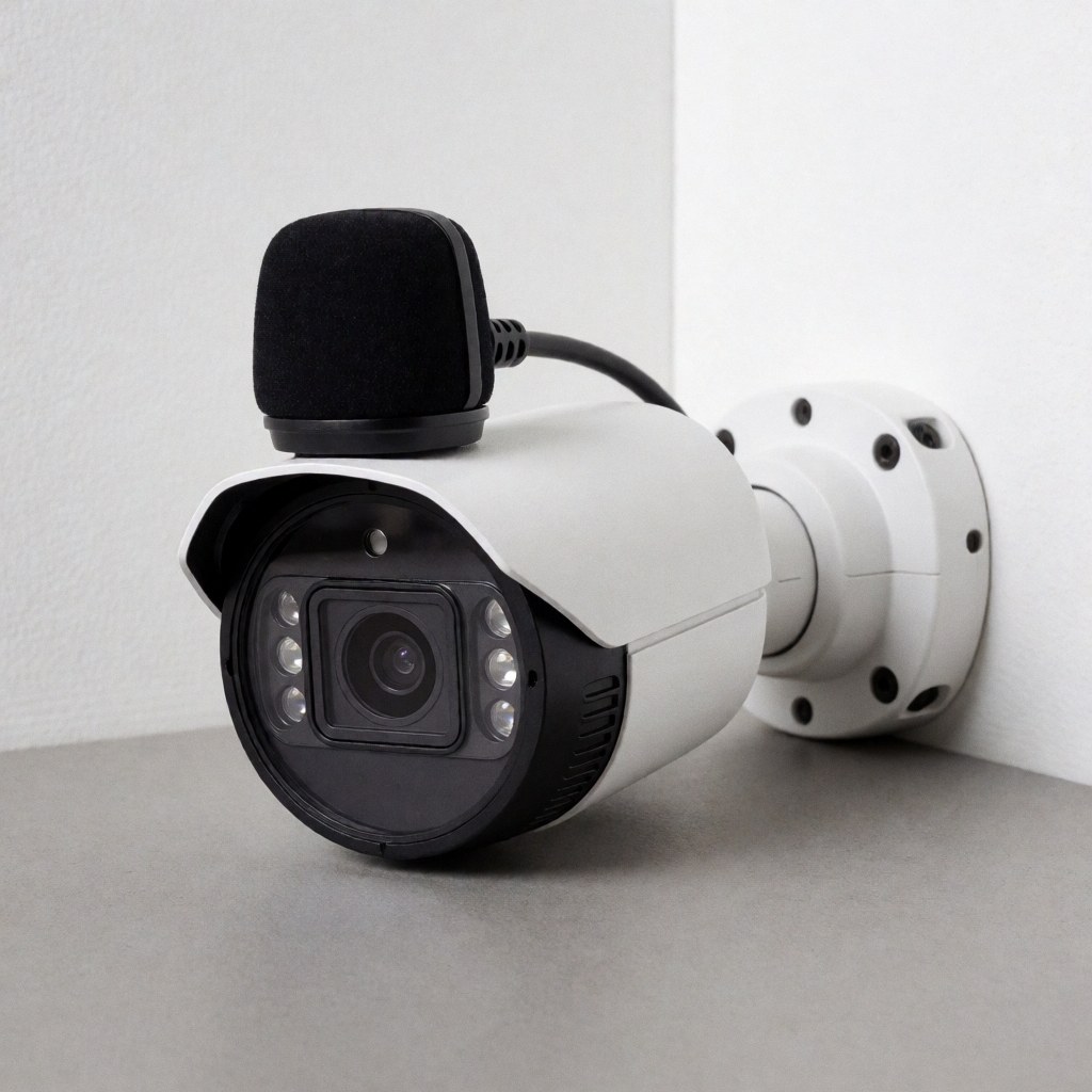 HD security camera with built-in microphone mounted on a white wall, professional lighting, neutral background, ideal for business security products.