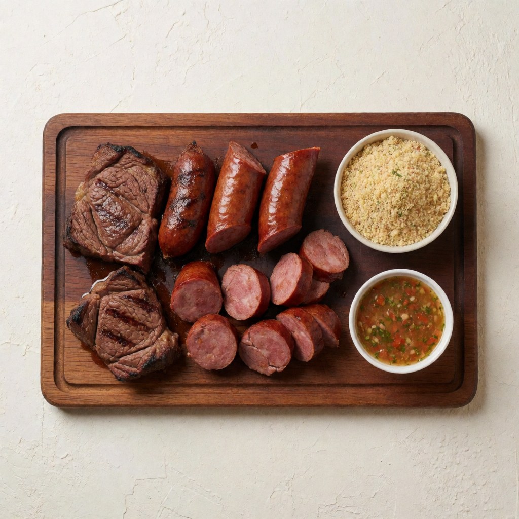 Wooden platter featuring picanha, linguiça, farofa, and vinaigrette, typical Brazilian cuisine with bright lighting against a cream wall
