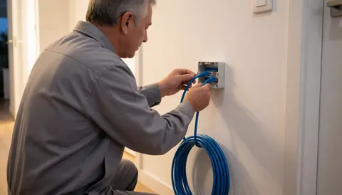 Technician installing blue ethernet cable in wall box in modern hallway with warm lighting and coiled cable on floor