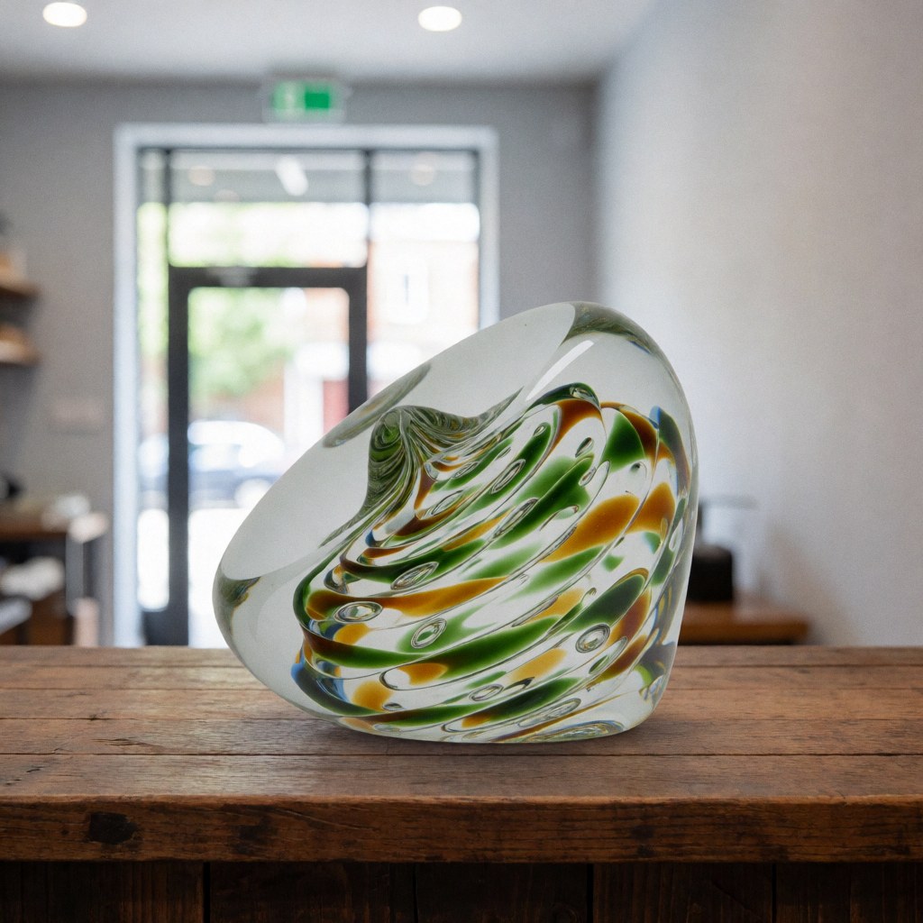 Handcrafted glass weight with green and yellow patterns resting on a rustic wooden counter in a glassblowing workshop