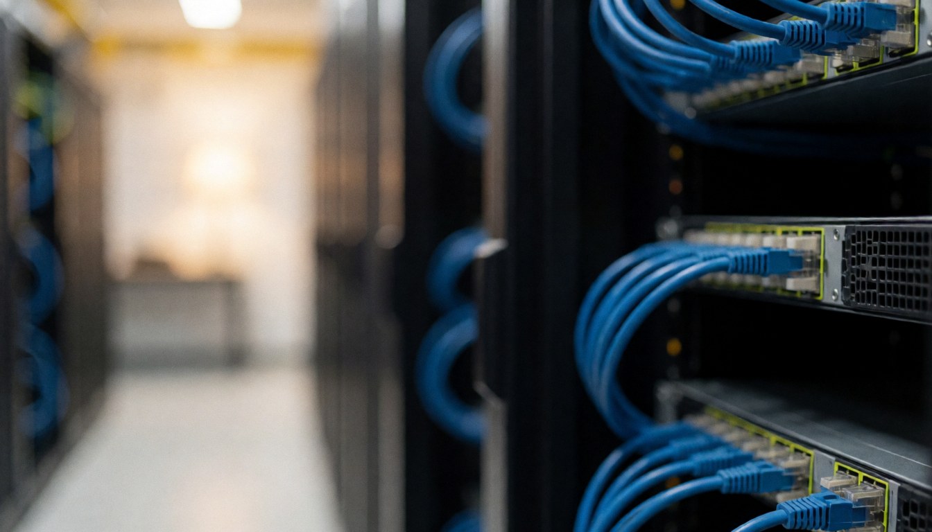 Selective focus background of blue network cables connected to server racks, suitable for business text overlays