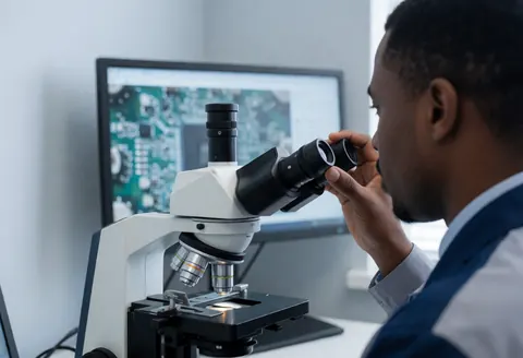 Close-up of technician adjusting microscope eyepiece with monitor displaying circuit board in background