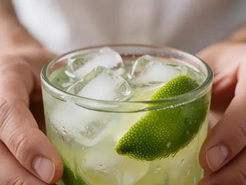 Two hands holding a glass of caipirinha filled with ice cubes and lime slices, featuring refreshing juice droplets and soft, diffused lighting.