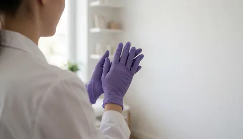 Close-up of hands putting on purple nitrile gloves in a bright modern beauty studio with white background