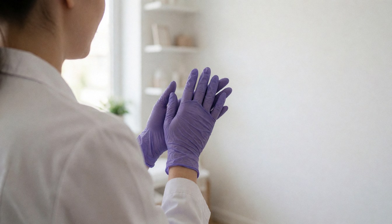 Close-up of hands putting on purple nitrile gloves in a bright modern beauty studio with white background