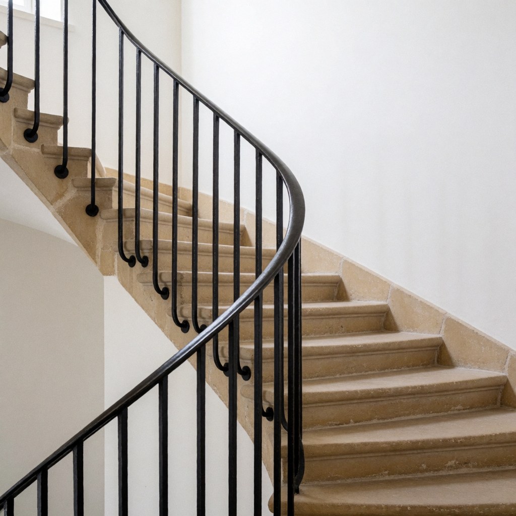 Curved black iron railing on beige stone steps with white walls, viewed from above, suitable for staircase installers