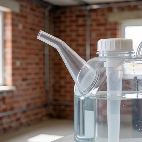 Transparent plastic container with a spout holding distilled water, set against a blurred red brick wall background.