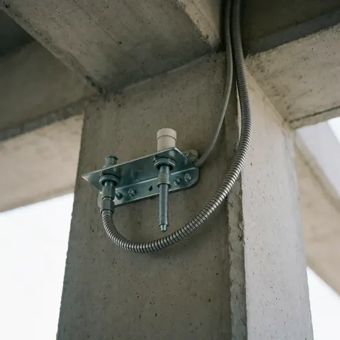 Sturdy security camera installation on a concrete column featuring a metal anchor and flexible conduit for cable protection.