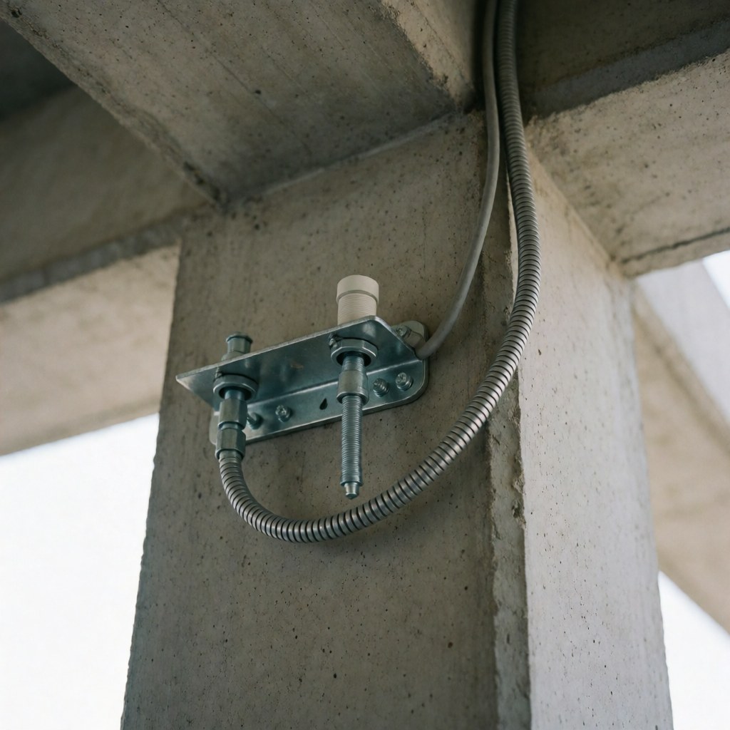 Sturdy security camera installation on a concrete column featuring a metal anchor and flexible conduit for cable protection.