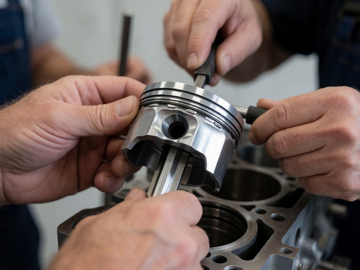Close-up of a mechanic adjusting a piston ring inside an engine cylinder with shiny metal tools and a blurred workshop background