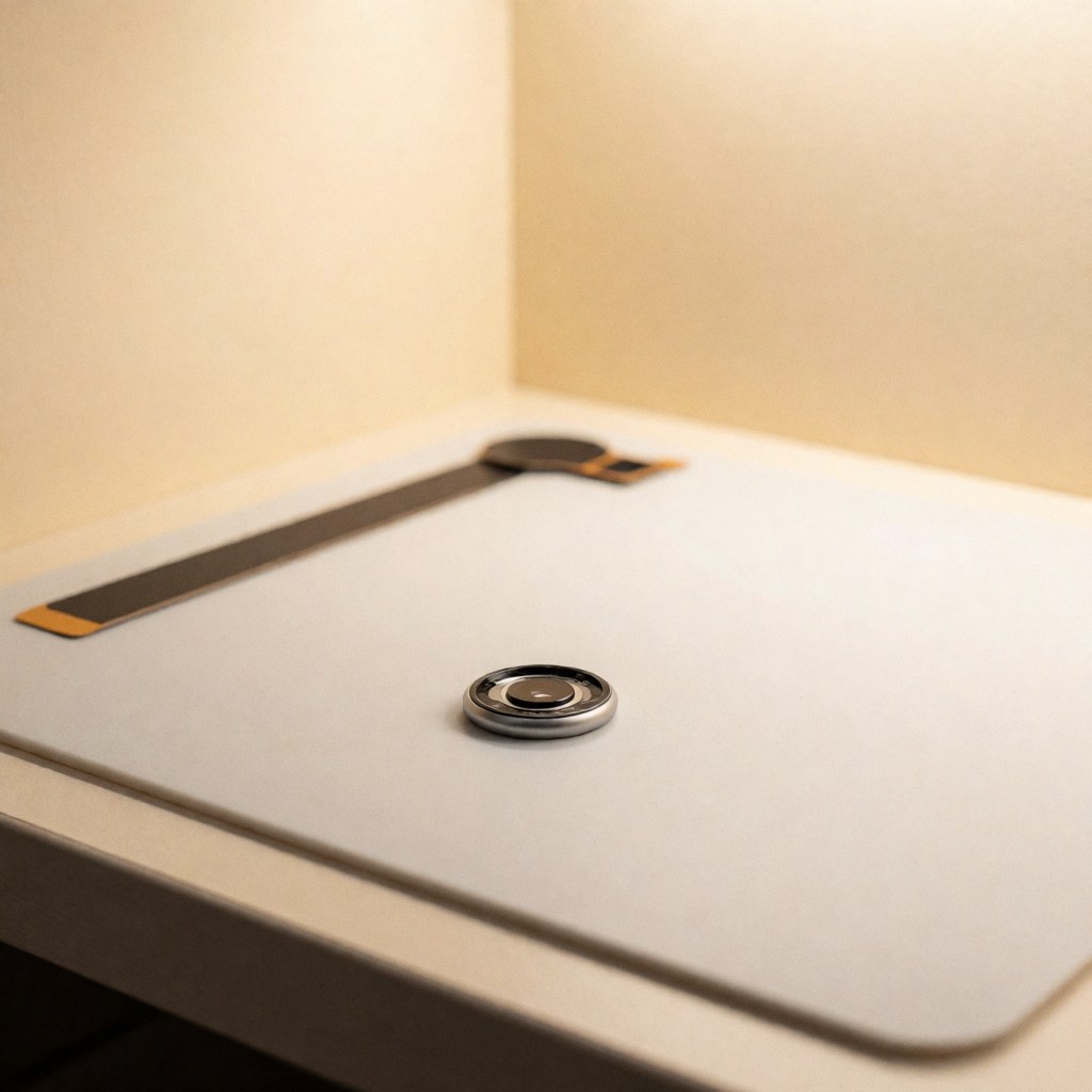 New touch id sensor with shiny metal ring on clean white surface for phone repair