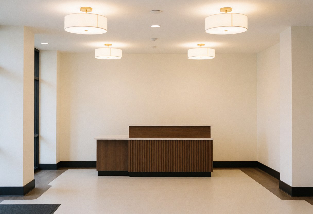 Empty party entrance featuring a wooden reception desk, cream walls, and modern hanging lights. Clean floor with minimalist decor.