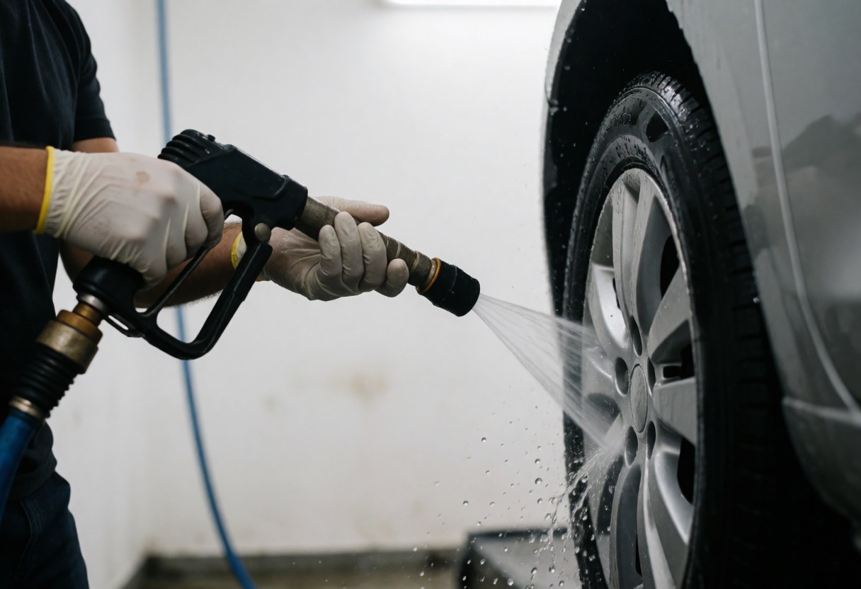 Close-up of a hand using a high-pressure water gun to clean a car wheel with a blurred white background