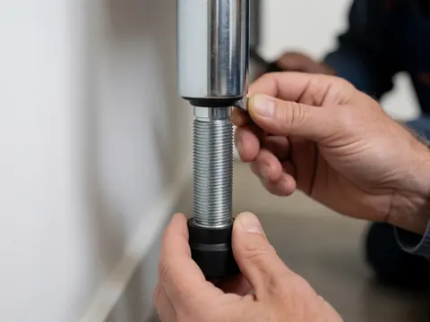 Close-up of hands tightening a metal furniture leg against a white background with a blurred floor and professional lighting.
