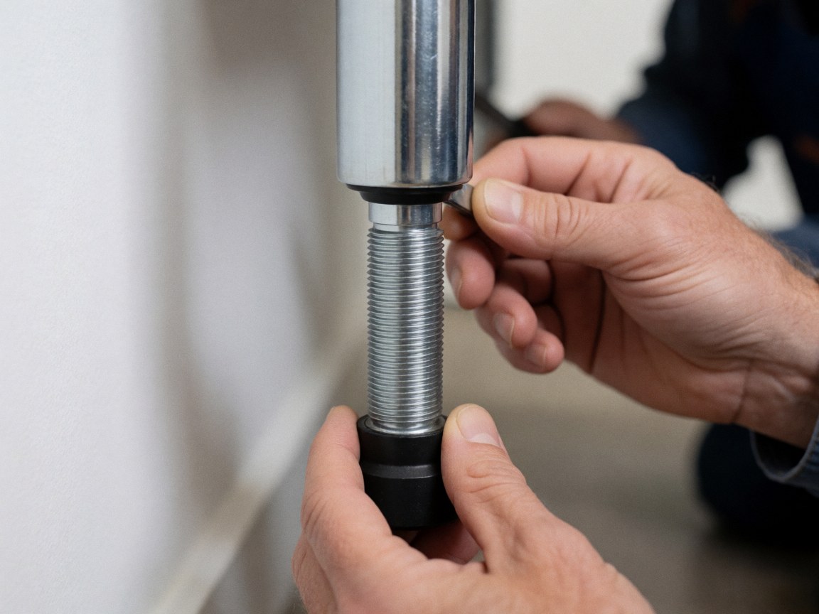 Close-up of hands tightening a metal furniture leg against a white background with a blurred floor and professional lighting.