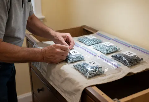 A technician labels numbered screw bags placed on a disassembled piece of furniture under focused lighting against a soft beige background.