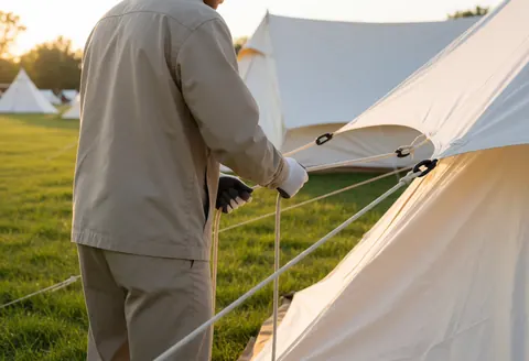 A worker in uniform and gloves secures a white tent with thick ropes at a campsite during sunset.