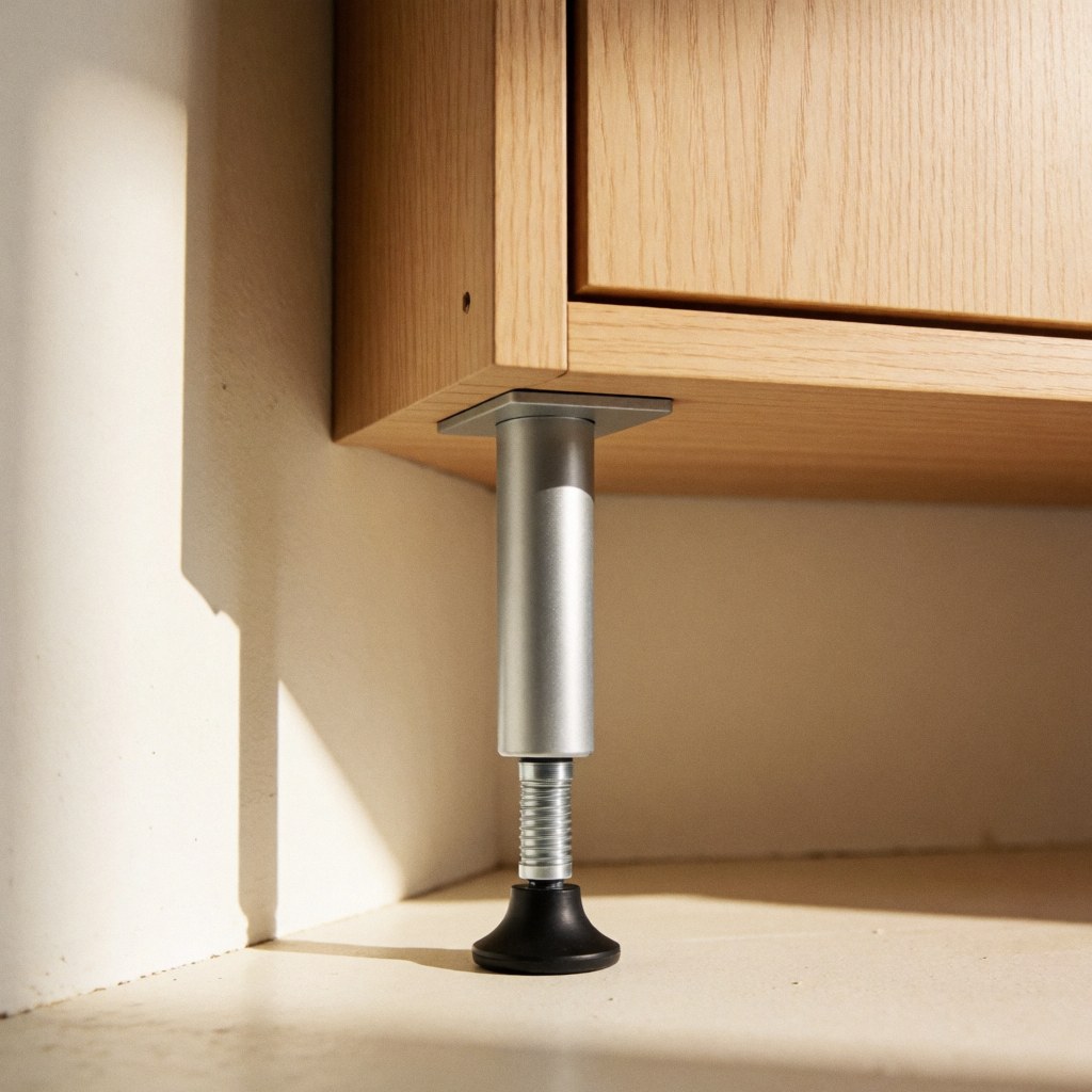 Close-up of a wooden drawer with an adjustable metal leg and black foot on a light floor with natural light
