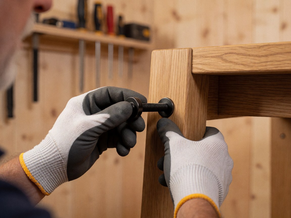 Close-up of a gloved hand tightening a black screw into an oak furniture leg in a workshop setting