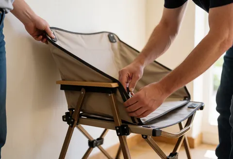 A technician assembles a folding camping chair with a metal frame and durable fabric in a well-lit indoor setting.