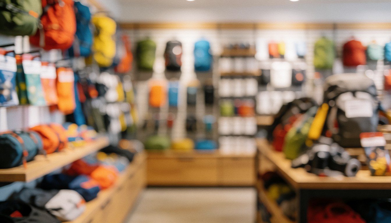 Soft focus background of a camping tent with backpacks and hiking gear on wooden shelves, suitable for text overlay.