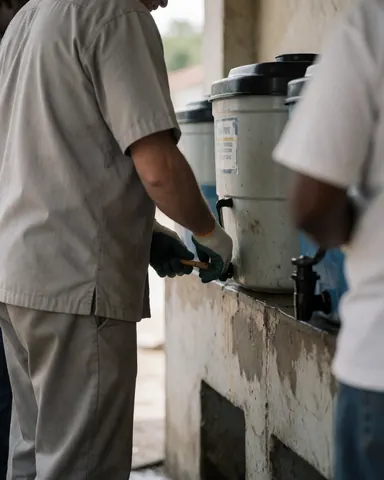 Worker wearing gloves inspects water level in large tank, another worker partially visible, dirty concrete surface, outdoor maintenance scene at water station