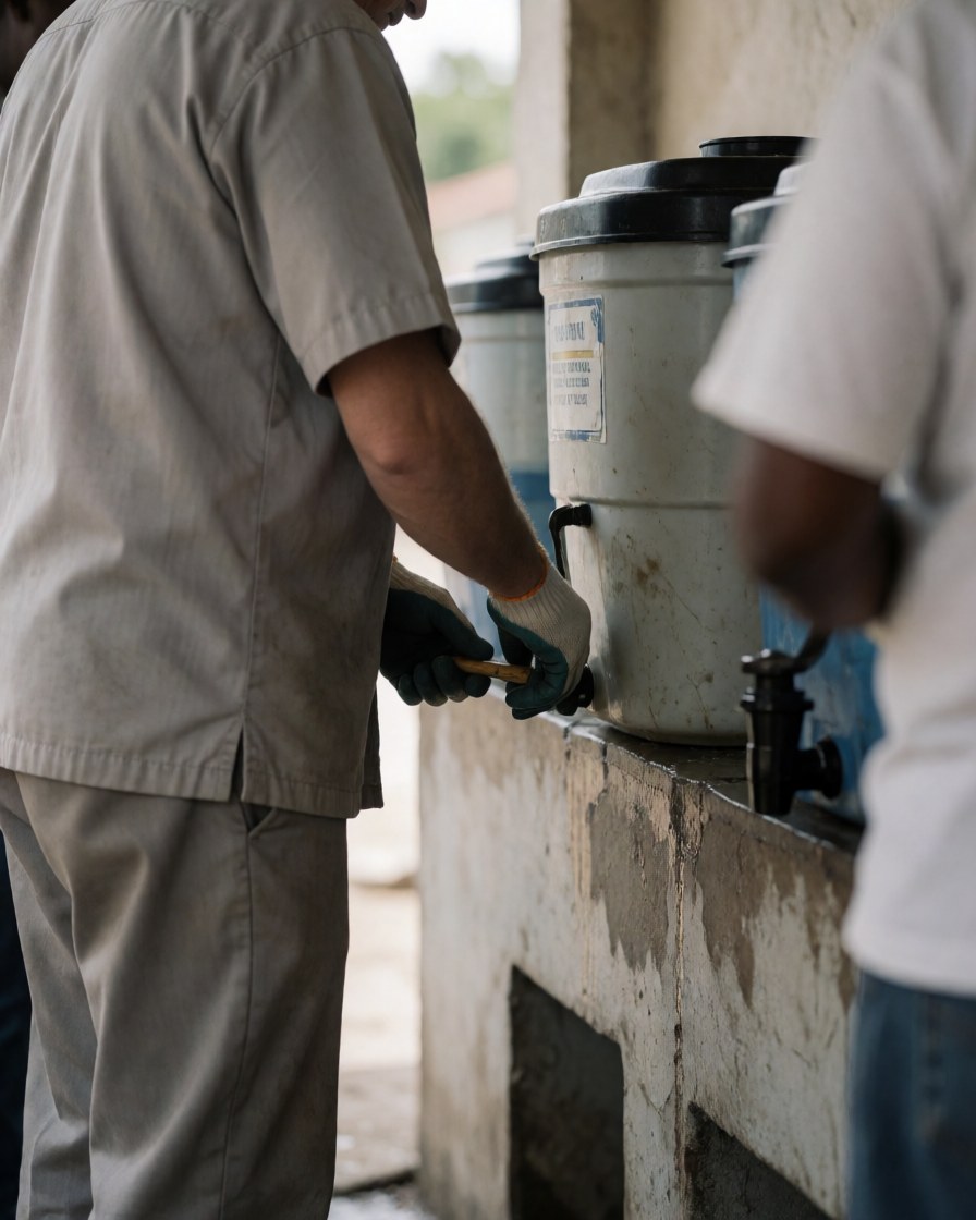 Worker wearing gloves inspects water level in large tank, another worker partially visible, dirty concrete surface, outdoor maintenance scene at water station