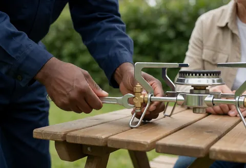 A man in a blue uniform adjusts a camping stove valve with a wrench on a wooden table while another person watches in the background.