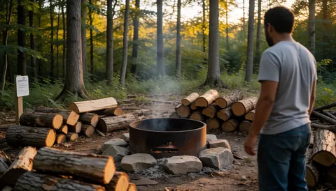 Back view of a man near a campfire in a forest with stacked firewood and sunset light