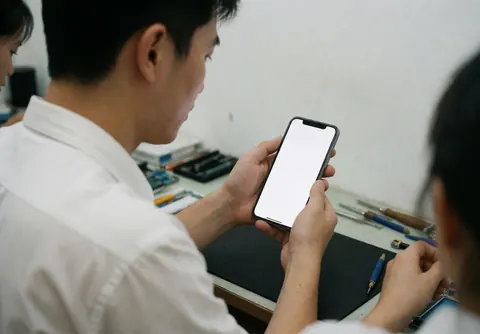 Technician examining a phone with a white screen in a repair shop, tools on table, white background, another person watching