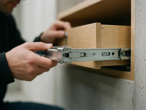 Close-up of hands adjusting a metal drawer slide mechanism on a wooden furniture frame against a concrete wall.
