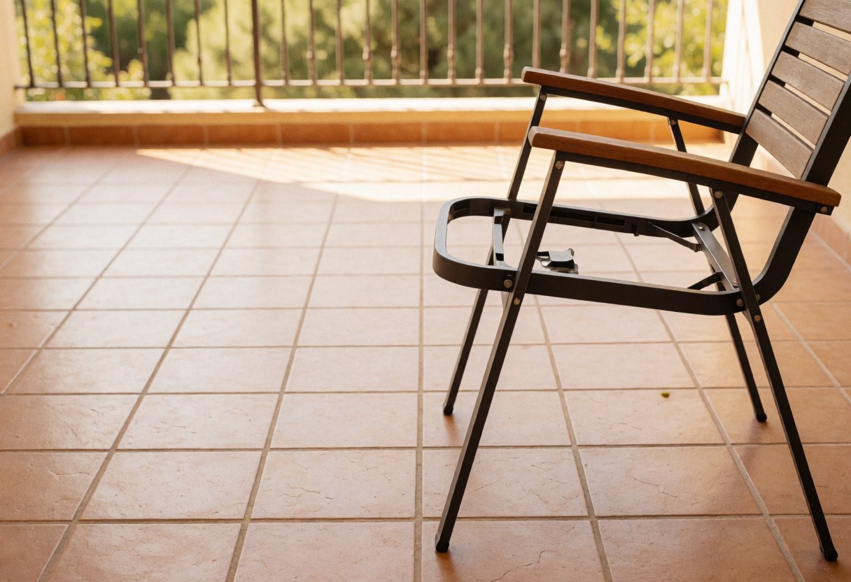 Metal garden chair with wooden seat on a tiled patio with natural light and railing in the background