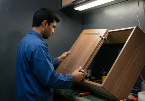 Technician in blue uniform checking cabinet hinges in a workshop with gray walls and tools on a table