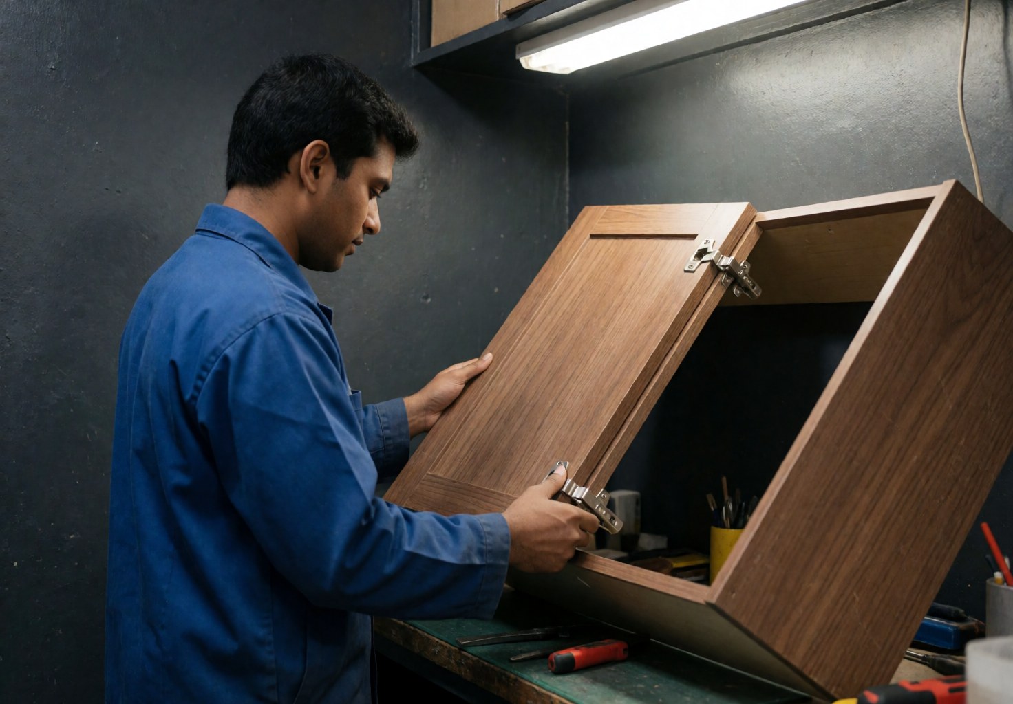 Technician in blue uniform checking cabinet hinges in a workshop with gray walls and tools on a table