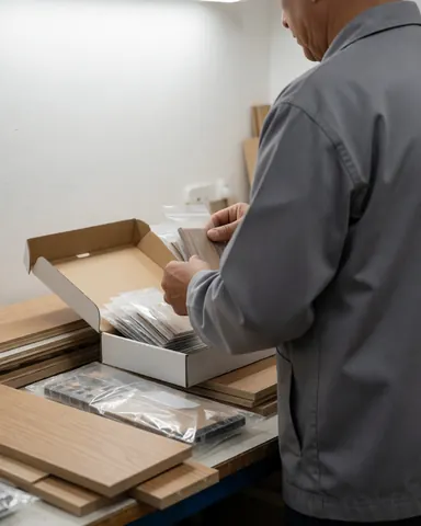 Furniture assembler organizing hardware packages from an open box on a table with wooden panels and plastic-wrapped components