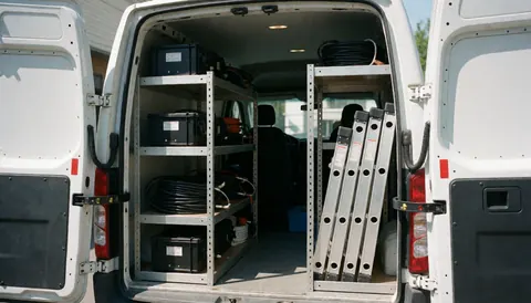 Interior of a white work van organized with metal racks, black boxes, coaxial cables, and a folding ladder, ready for security camera installation.