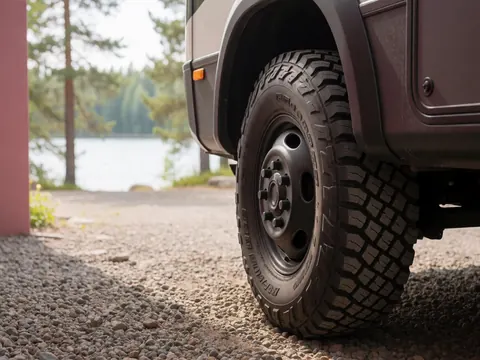Close-up of an RV all-terrain tire resting on gravel with a blurred lake and trees in the background under natural light